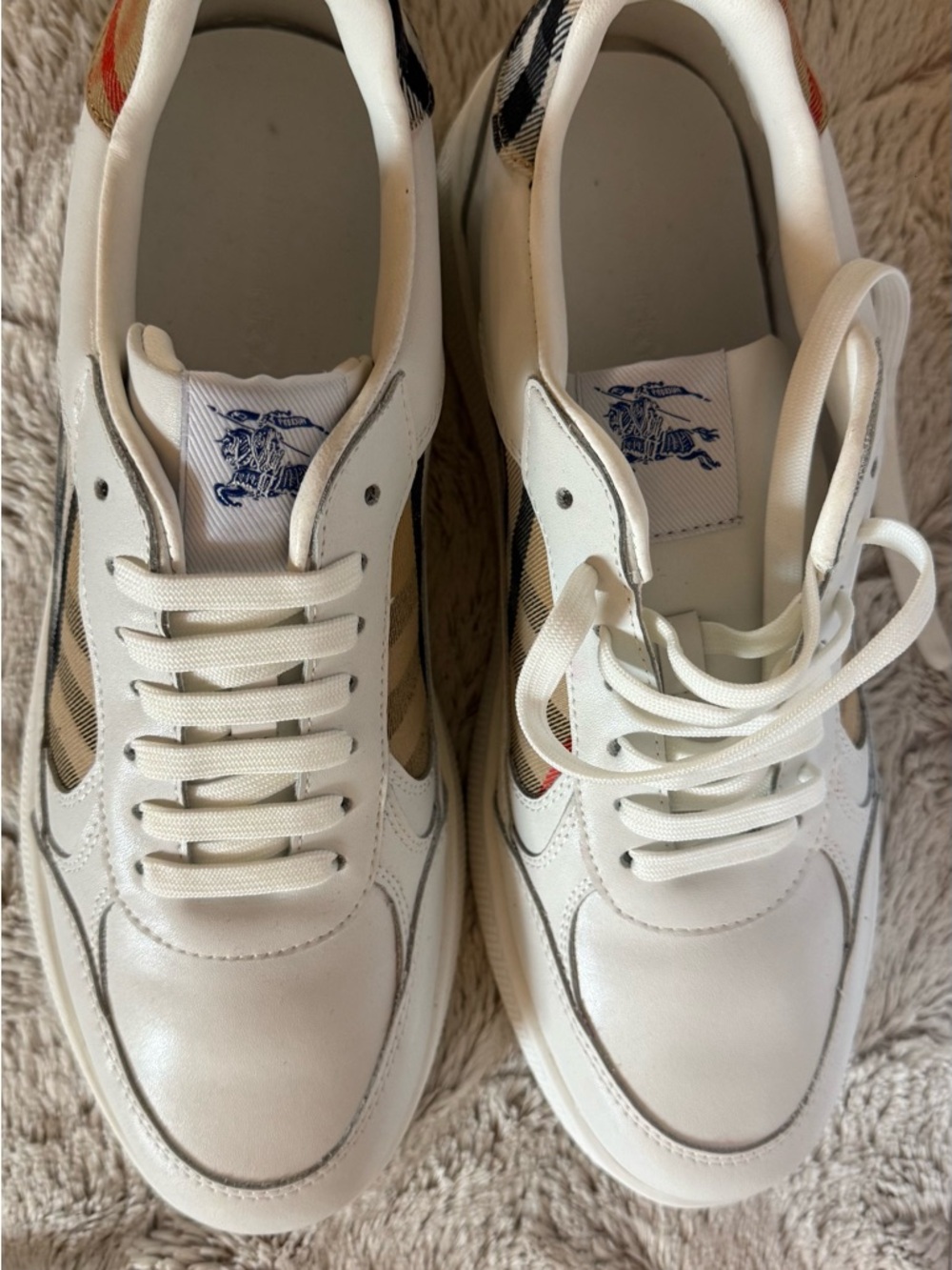 Burberry White Leather Sneakers with Subtle Blue Logo